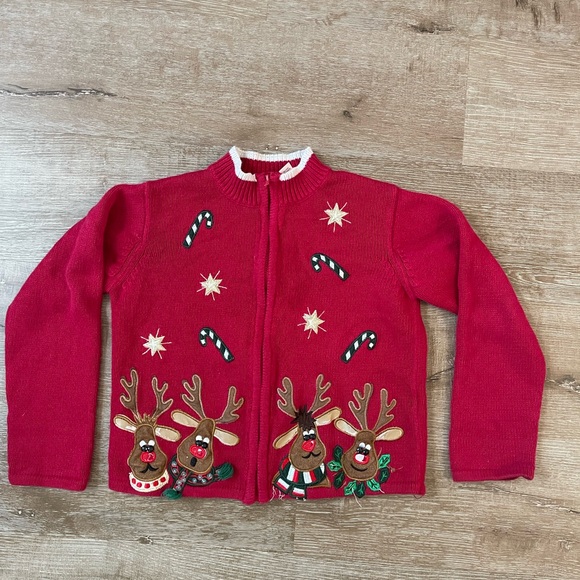 Derek Heart Other - Kids Red Reindeer Holiday Full zip Sweater size M 8/10